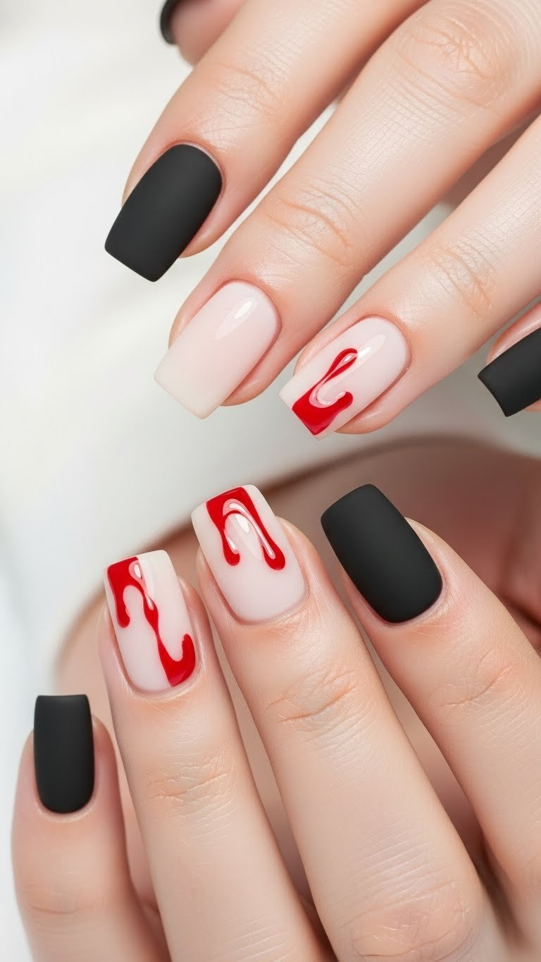 Edgy short square matte black nails with glossy red dripping details near cuticles, a unique Valentine's Day look.