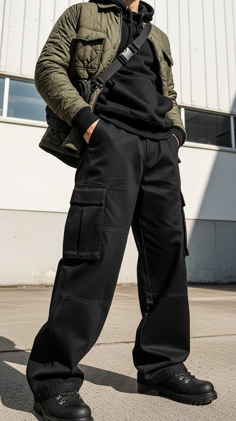Edgy urban utility style: wide-leg black cargo pants, cropped hoodie, quilted jacket, crossbody bag, hiking boots.