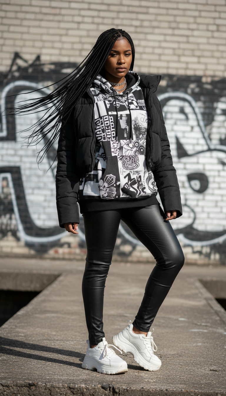 Edgy winter fashion: black matte leather leggings, graphic hoodie, cropped puffer jacket, long knotless braids, chunky sneakers.