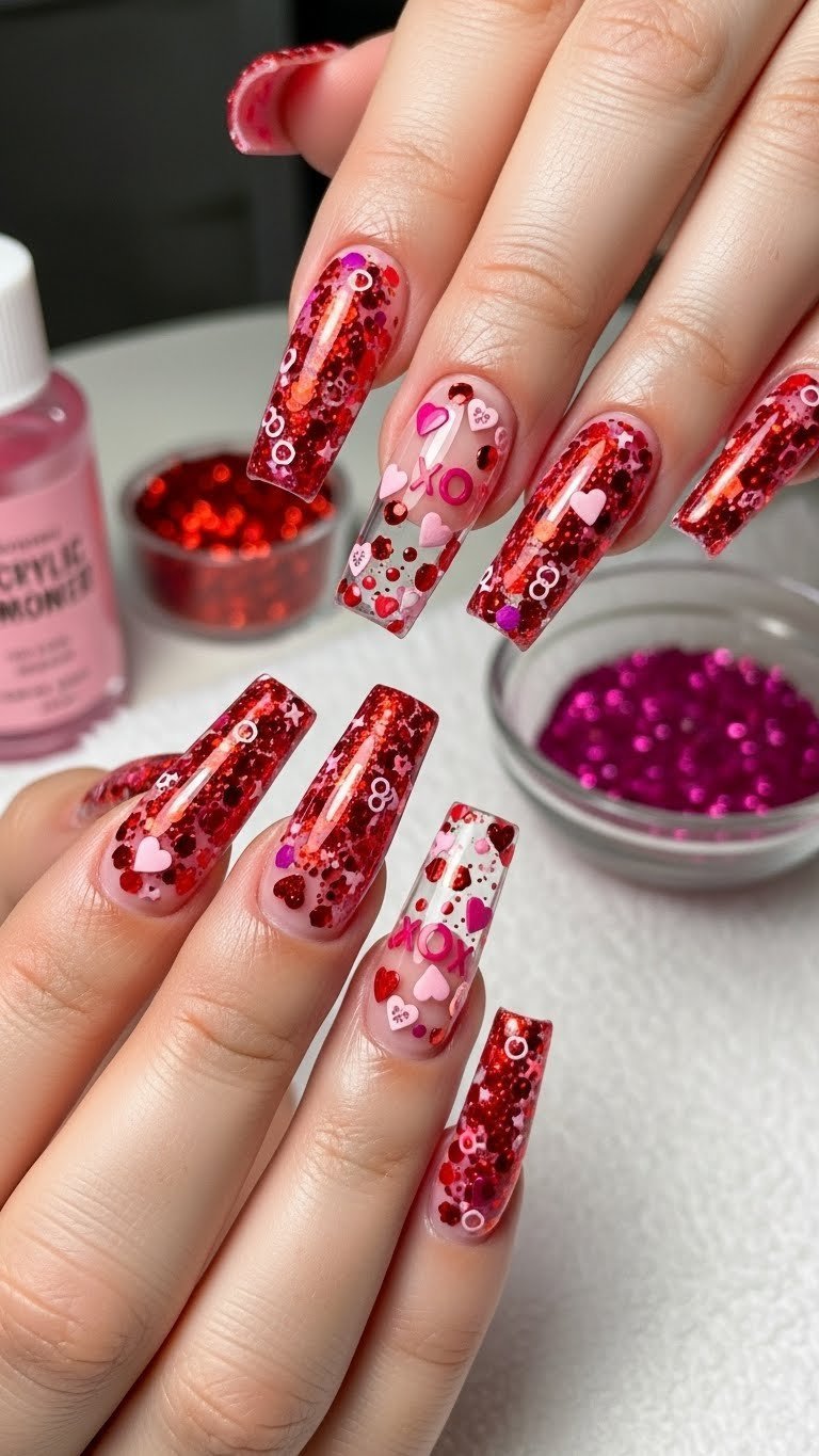 Elaborate sparkly acrylic nails with chunky red and pink glitter, encapsulated heart and XO shapes, and glitters.