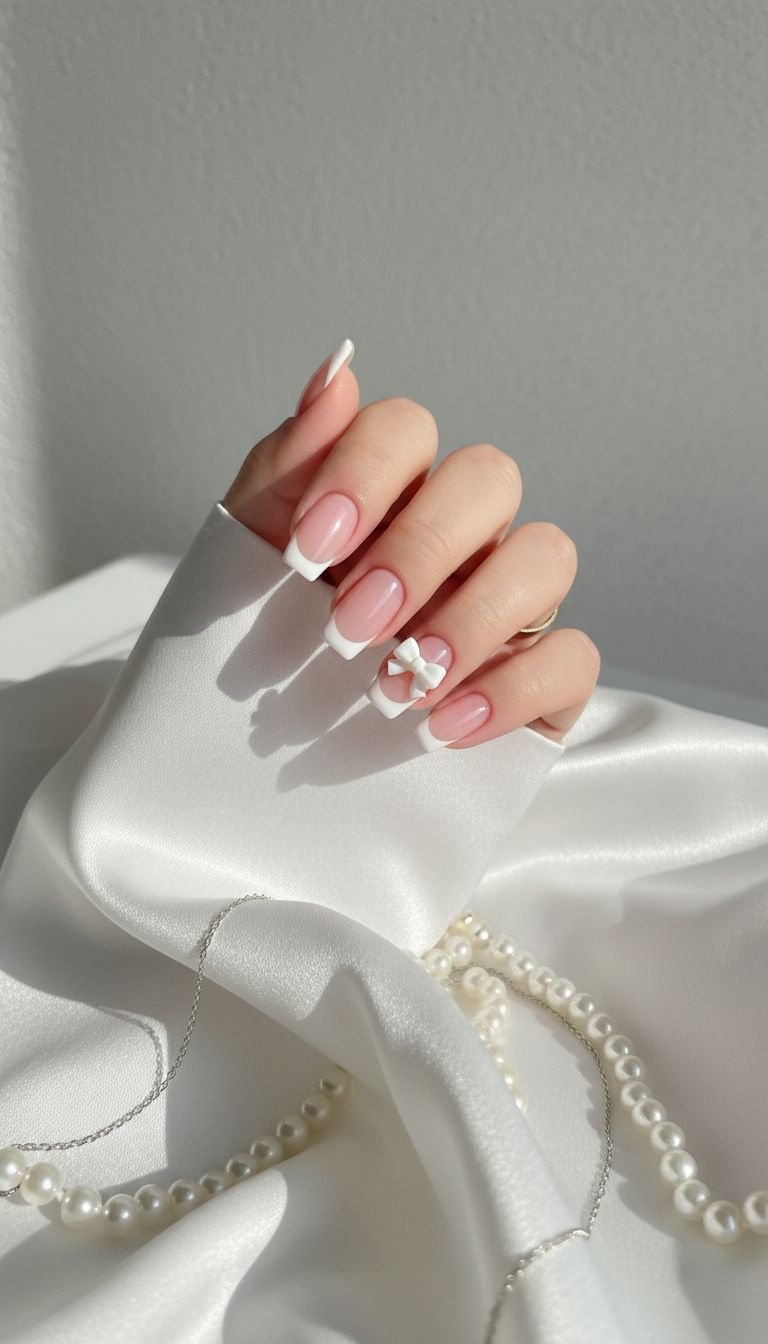 Elegant Balletcore French tip nails with a small white 3D acrylic bow on accent nail smile line. Clean pink and white design on silk.