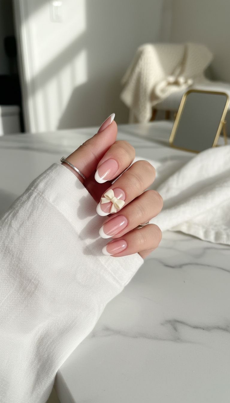Elegant Christmas almond nails with soft pink French manicure and delicate 3D sheer white micro-bow. Festive holiday nail art on marble.