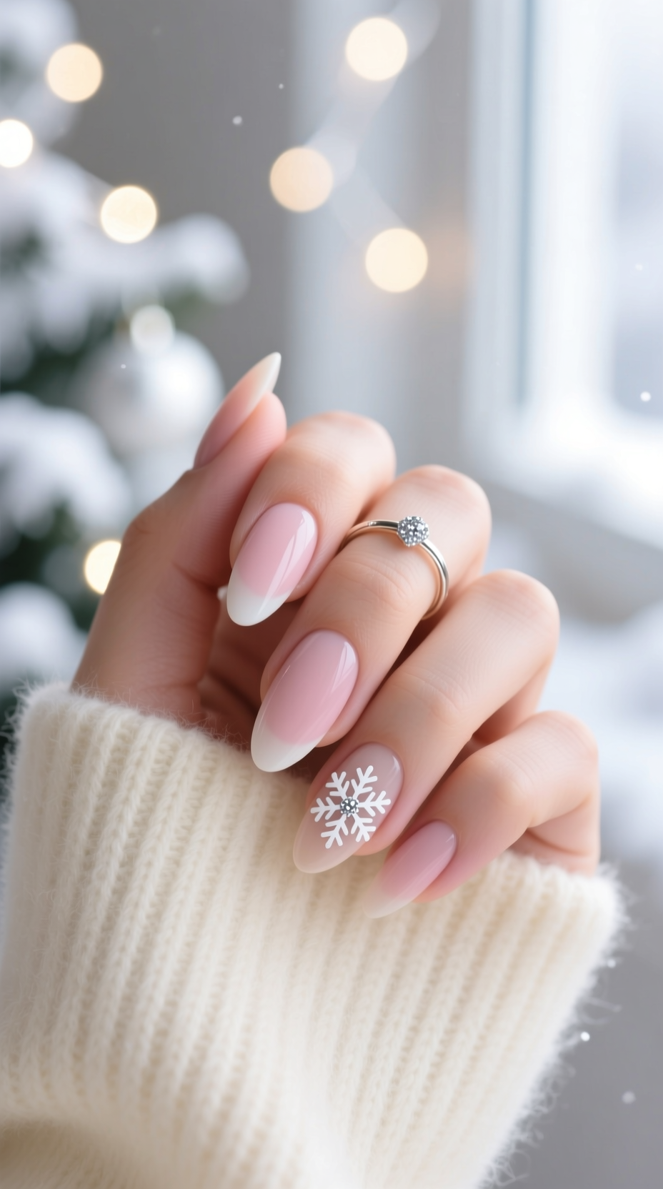 Elegant Christmas manicure on almond nails with a sheer nude polish. Accent nail has a detailed white snowflake with silver glitter.