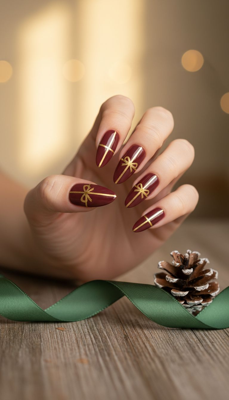Elegant Christmas nails: classic burgundy red with gold ribbon 'gift box' design and flat gold bow charm. Luxurious holiday manicure.