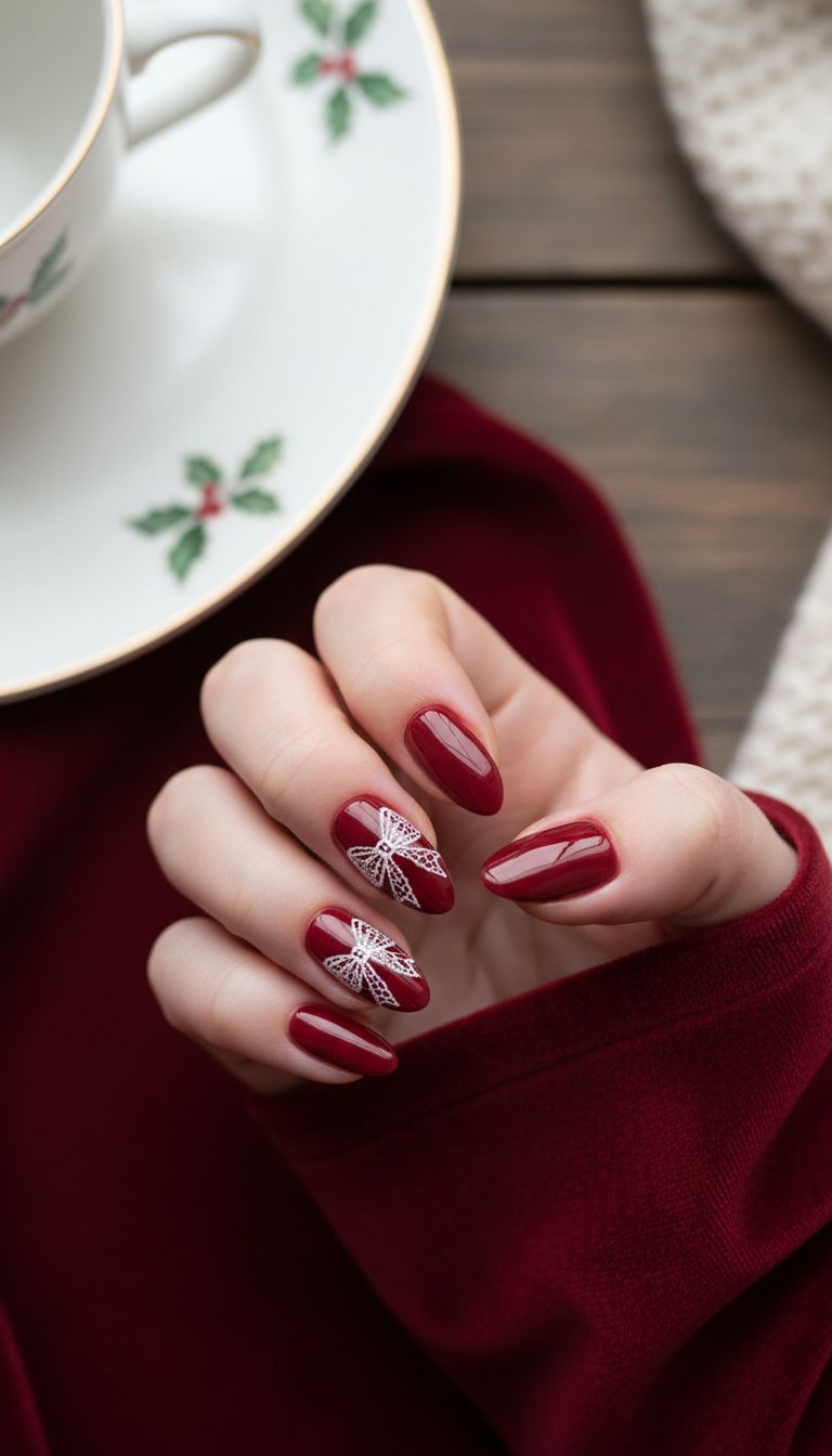 Elegant Christmas nails: hand-painted white lace-style bow using dot method on deep cranberry red glossy base. Festive, intricate manicure.