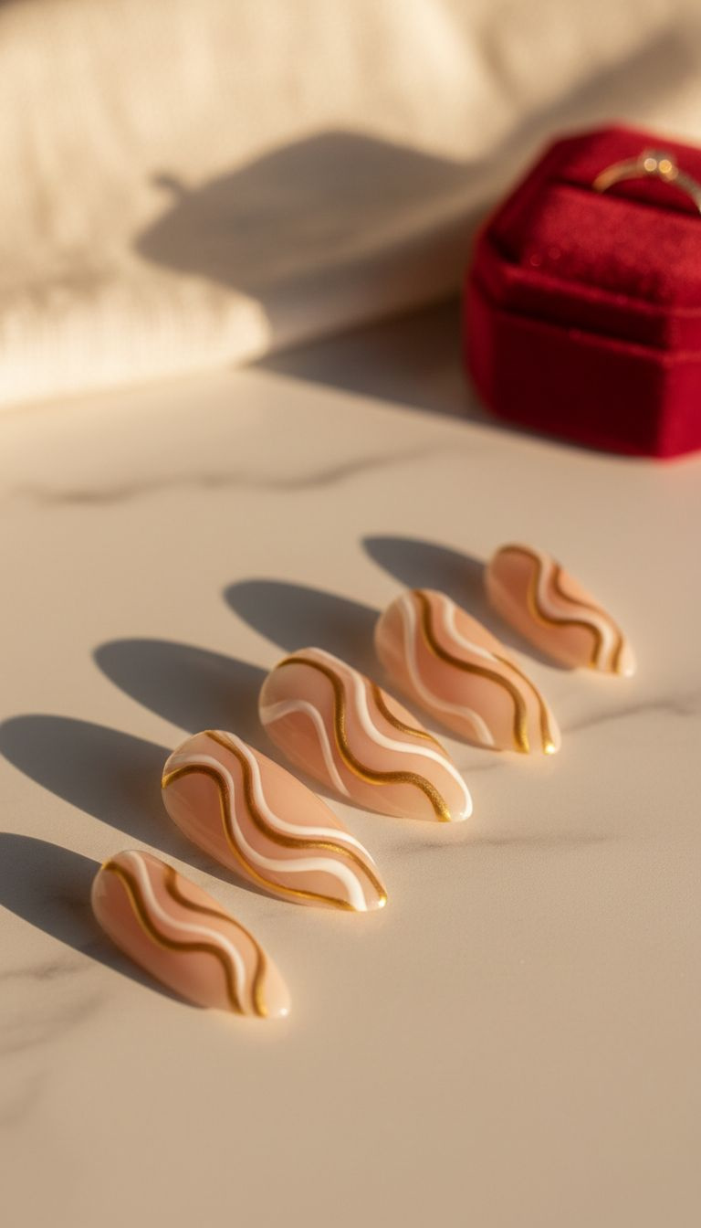 Elegant Christmas swirl nail art: metallic gold and white lines on nude base, with a gold ring on marble.