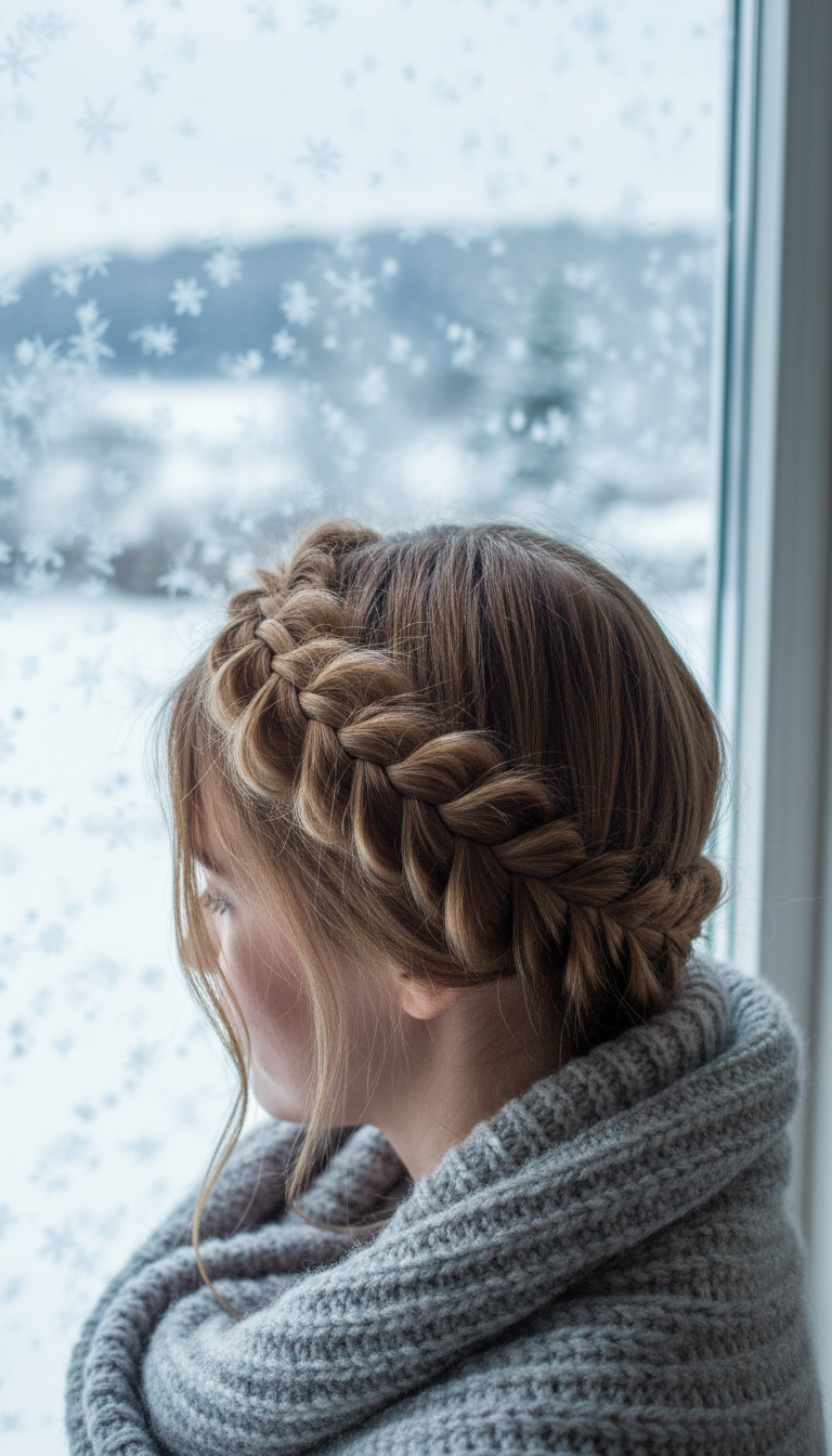 Elegant Dutch Crown Braid on fine hair, wrapped around head. Protective style for thin hair, snowy backdrop, soft gray scarf.