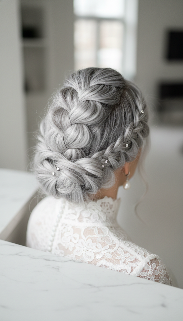 Elegant Dutch crown braid updo for winter wedding, adorned with sparkling silver pins and pearl earrings, showcasing bridal hair.