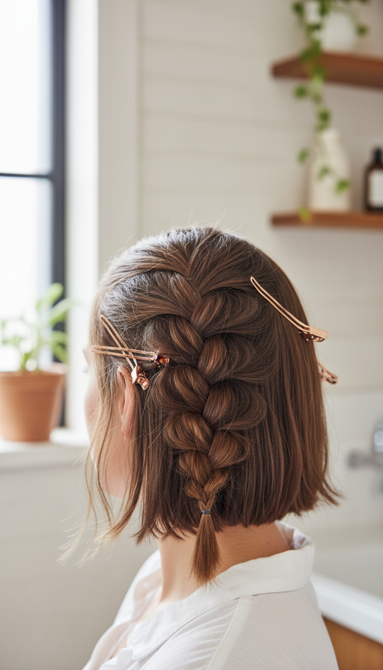 Elegant French braid on a short layered bob, showcasing intricate side braid technique. Perfect chic hairstyle for short hair.