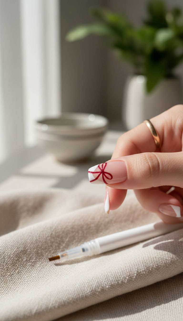 Elegant French manicure: deep red ribbon tails trailing to white tip on square-oval nails, subtle bow design, gold band.