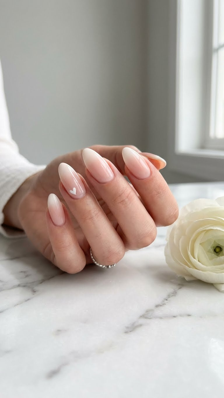 Elegant French ombre almond nails, nude to white tips. Delicate white heart accent. Marble counter, silver ring, soft flower.