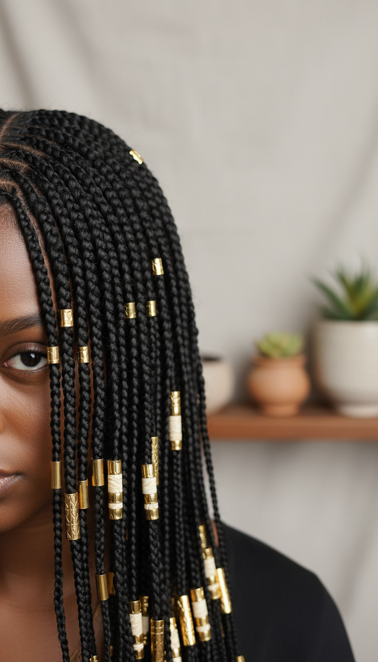 Elegant Fulani braids on a Black woman, featuring intricate cornrows, thin braids, and decorative beads with gold accents.