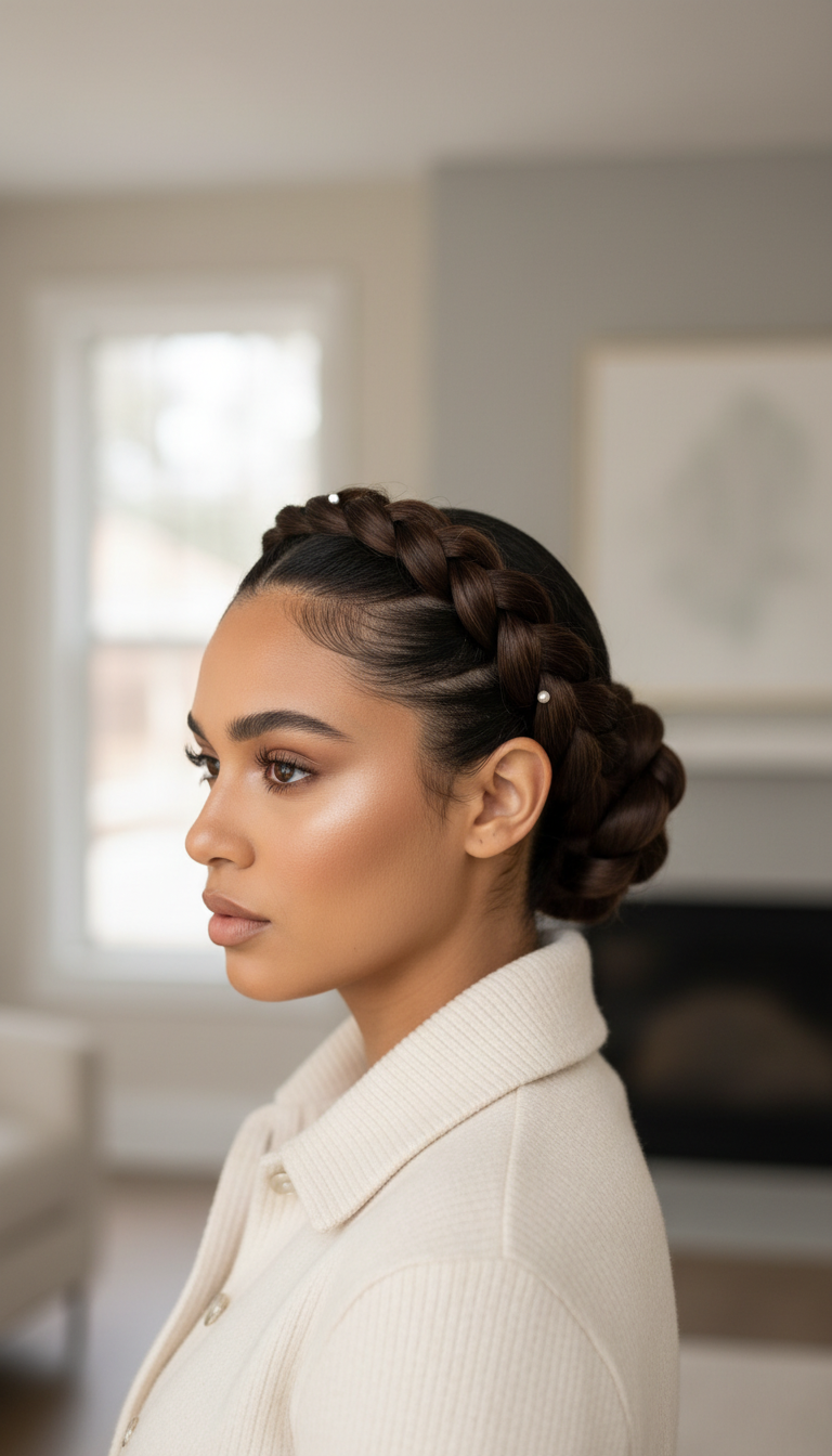 Elegant Goddess Braid updo showcasing thick, smooth texture. Chic winter protective style with subtle pearl hair pins.