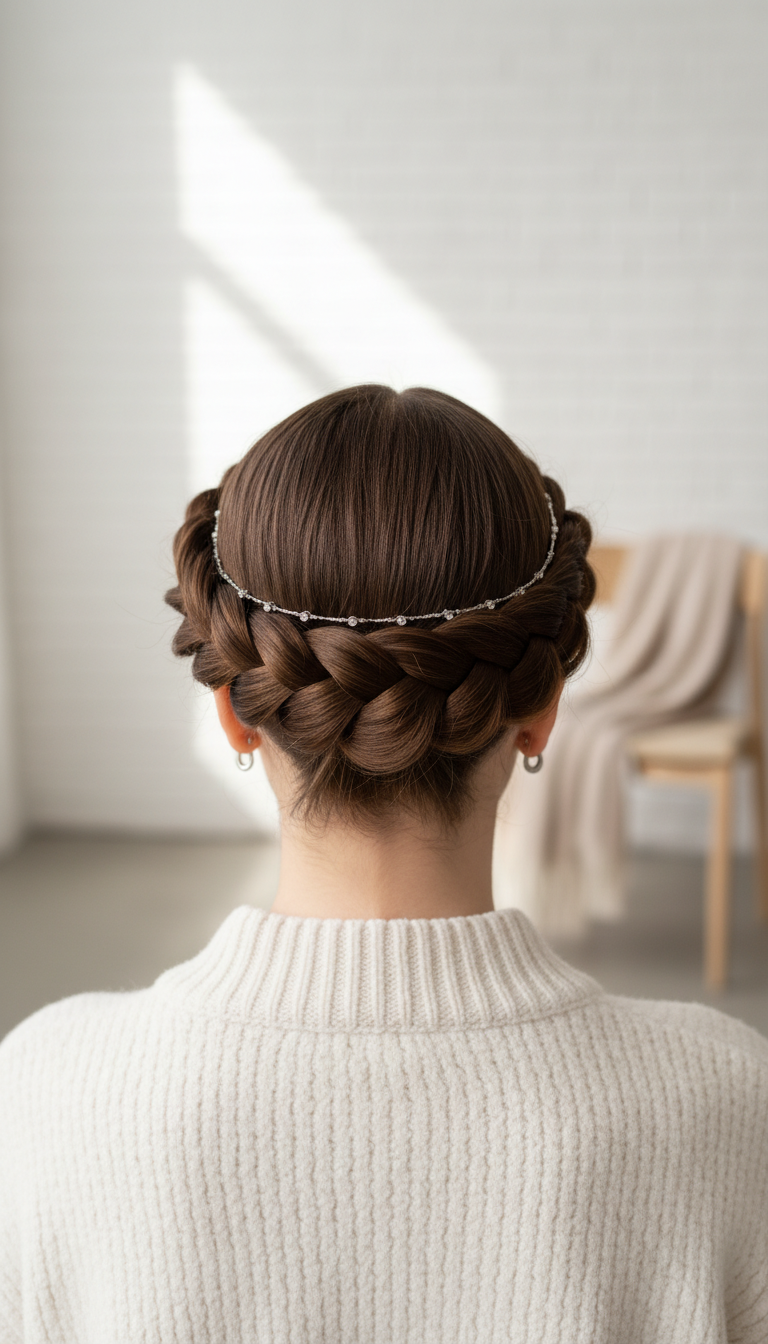 Elegant Halo/Crown Braid, neatly wrapped, showcasing sleek, polished finish. Winter protective updo with delicate headband in natural browns.
