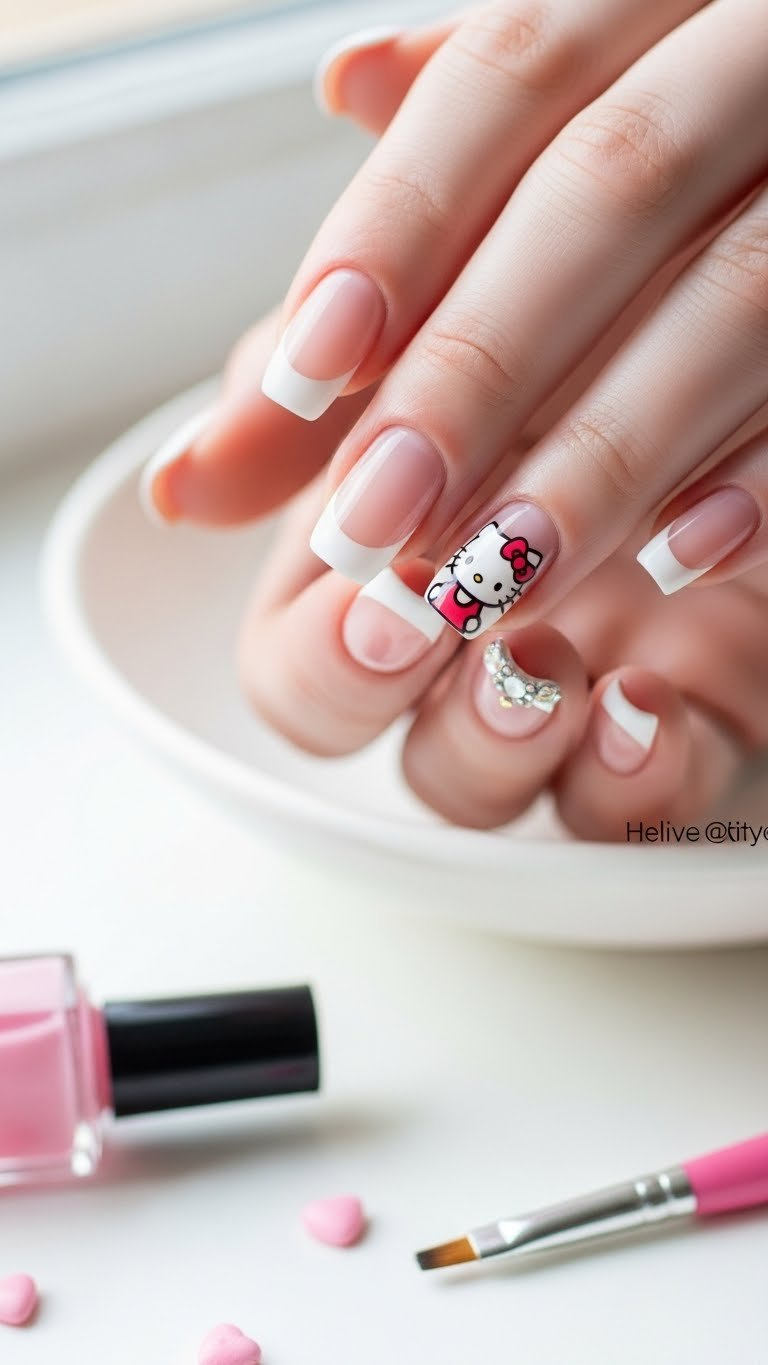 Elegant Hello Kitty Valentine French manicure with clear base, stylized face, bow outline, on white ceramic for serene look.