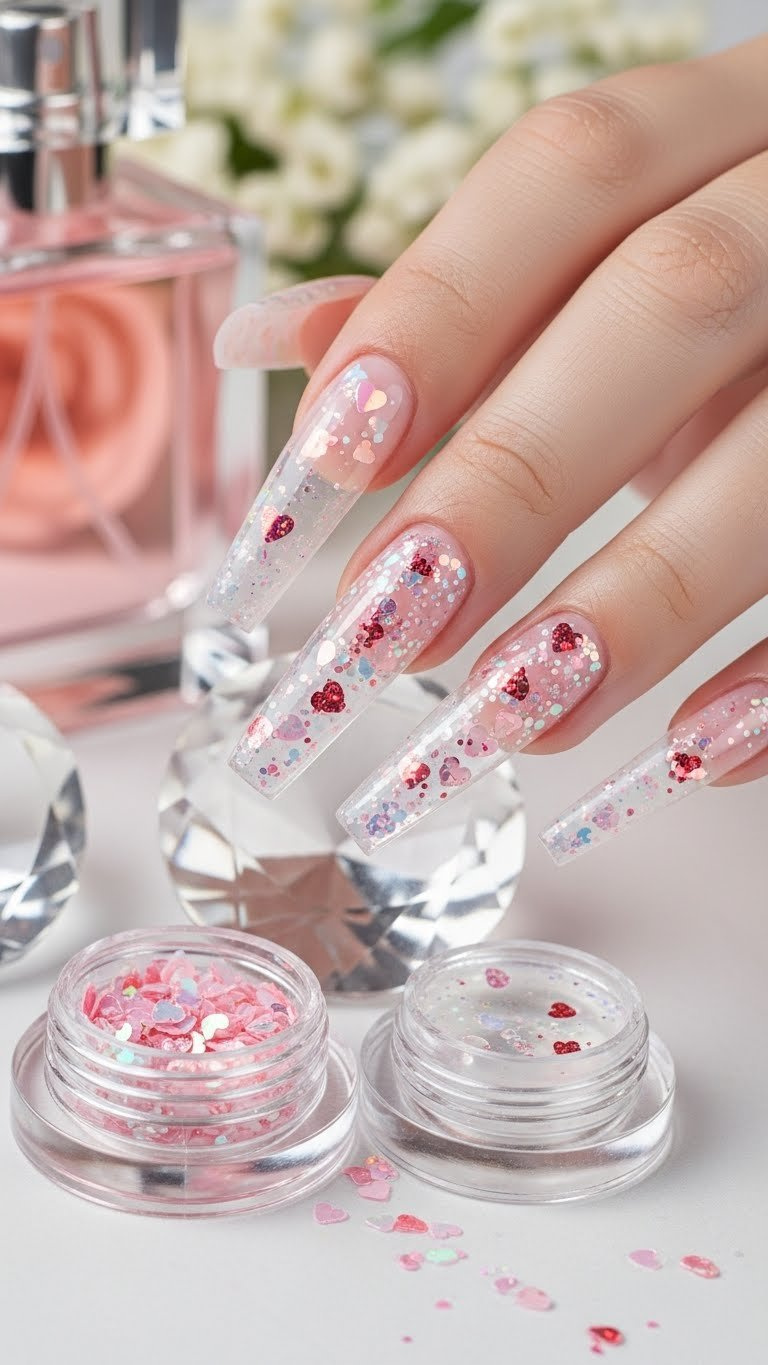 Elegant Long Encapsulated Glitter Dust Coffin Nails, clear with heart glitter and iridescent dust, a smooth glass-like finish.