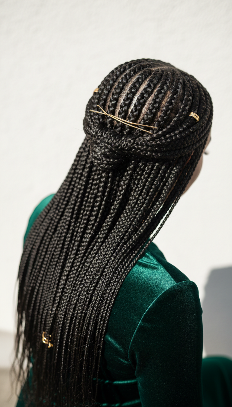 Elegant Micro Braids, half-up half-down, pinned at crown. Uniform pattern, professional winter style. Bright daylight.