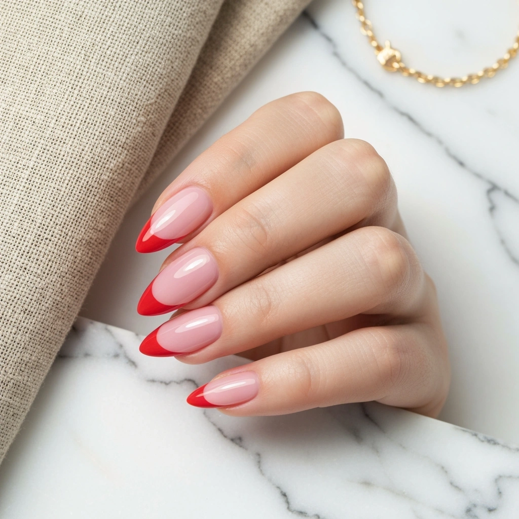 Elegant Valentine's Day nails: almond-shaped with sheer pink base and thin red French tips. Perfect simple nail art.