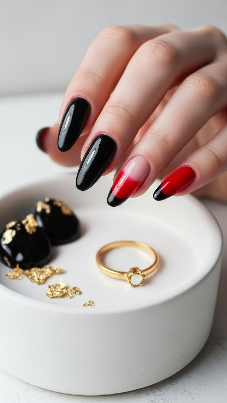 Elegant almond black and red ombre gradient nails, deep black to scarlet, perfectly blended, gold flakes on white ceramic dish.