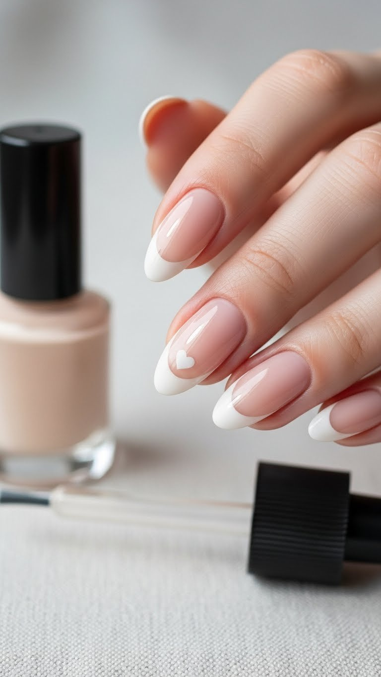 Elegant almond nail features a reverse French tip in pale nude with a small negative space heart accent. Subtle, sophisticated manicure.