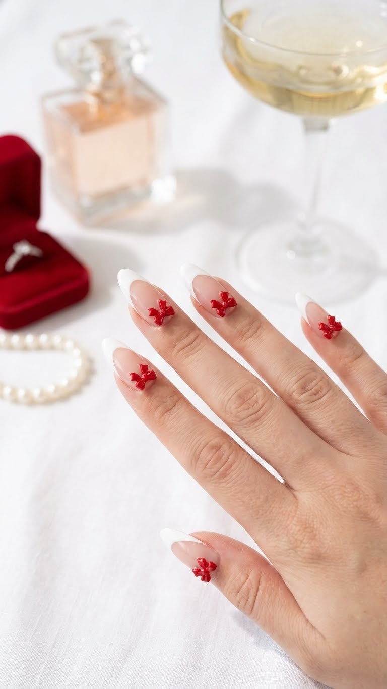 Elegant almond nails with crisp white or red French tips and tiny red 3D micro bow charms at the base for Valentine's Day.