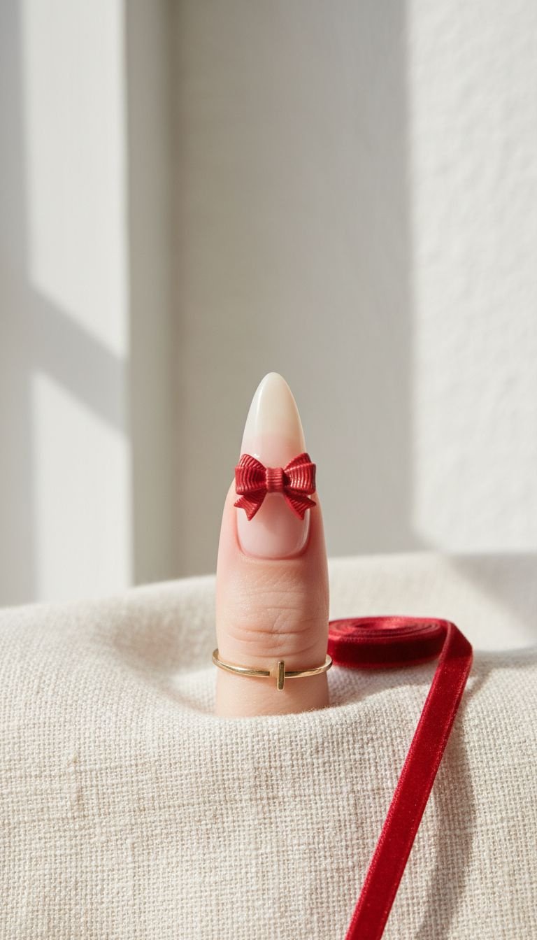 Elegant almond nude nail with a perfectly proportioned small red 3D bow accent. Gold ring, velvet ribbon.