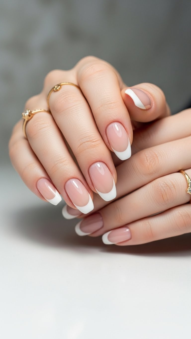 Elegant almond-shaped French manicure with nude base and crisp white micro-tips, featuring a gold ring for a luxurious touch.