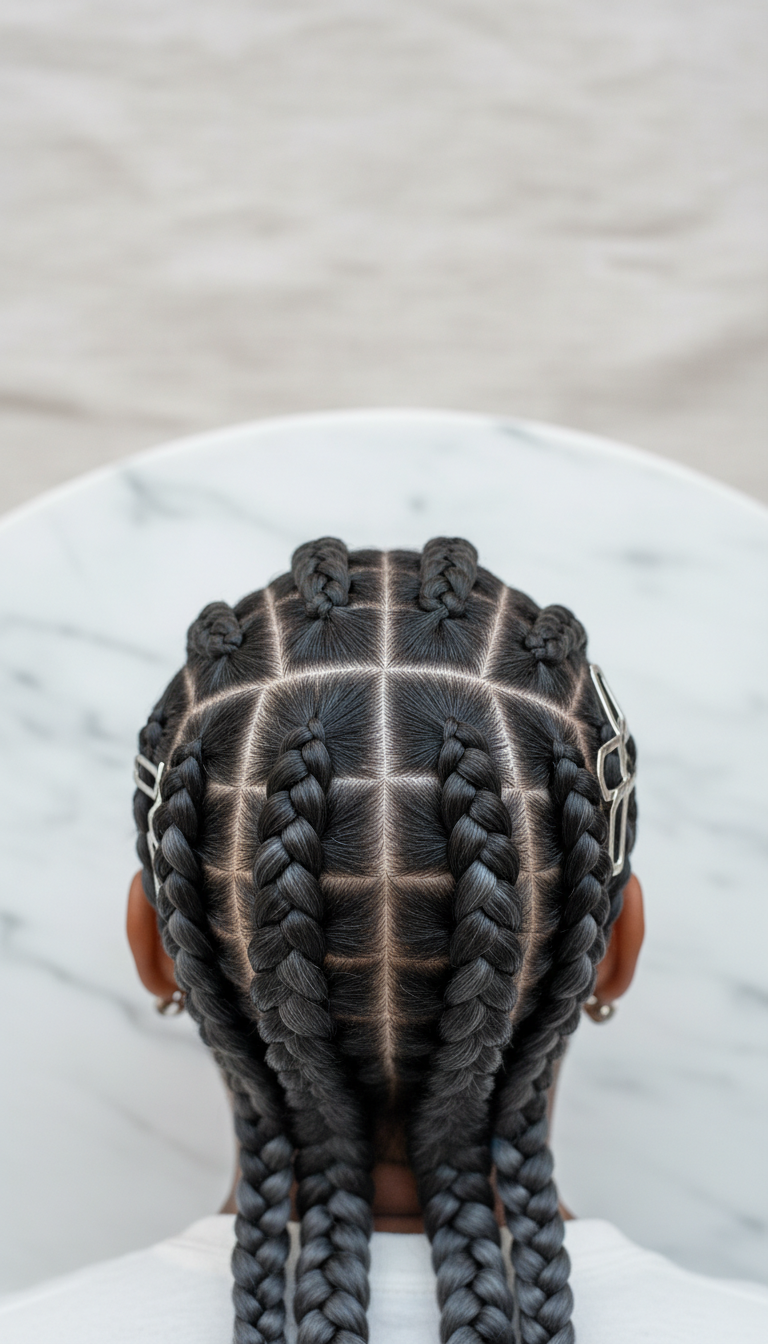 Elegant ash gray feed-in cornrows, black roots to gray, sleek, with defined parting. Styled with a silver stud & geometric clips.