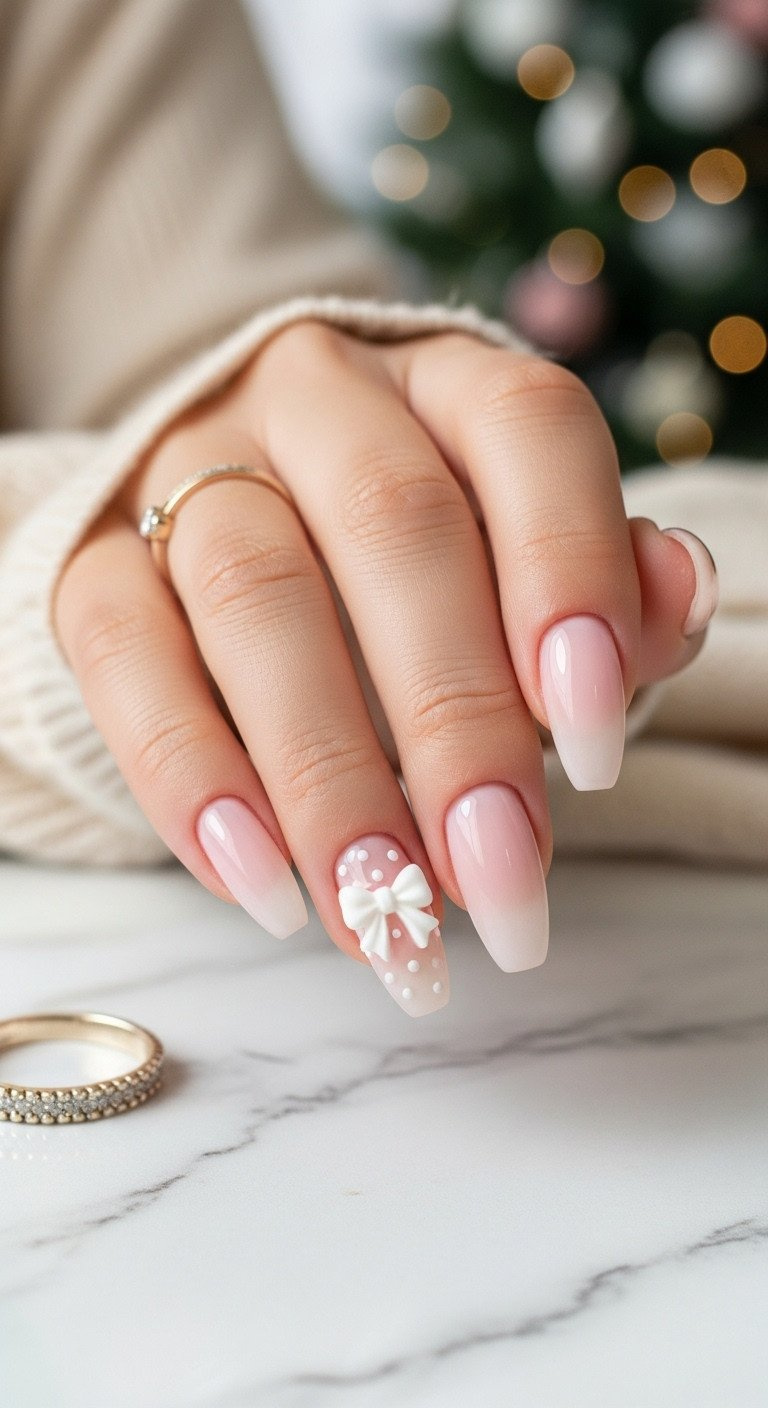 Elegant baby pink almond nails featuring a 3D white bow charm, with a ring, on marble, festive Christmas tree background.