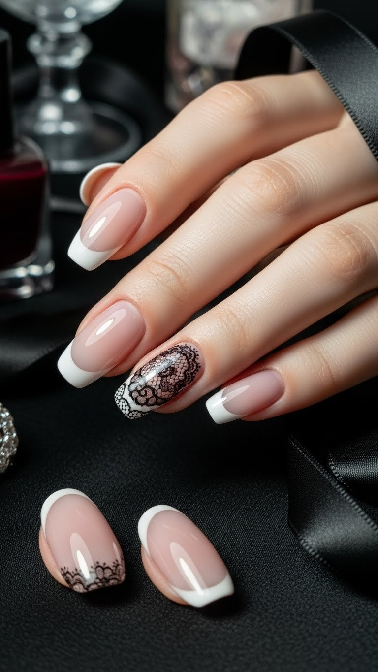 Elegant black lace accent French tip design on oval nails with classic white tips. Sophisticated, glamorous nail art.