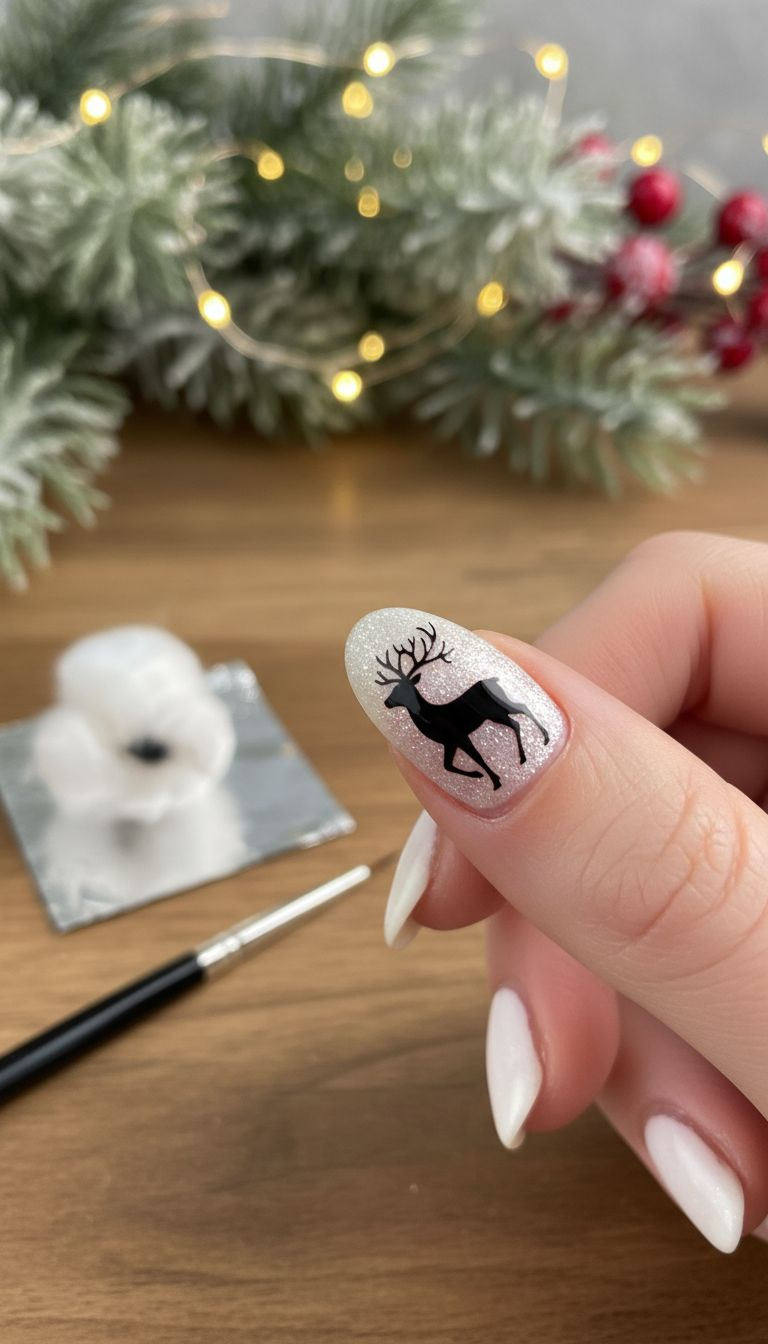 Elegant black reindeer silhouette accent nail art on snowy silver, with blurred Christmas lights on wood.