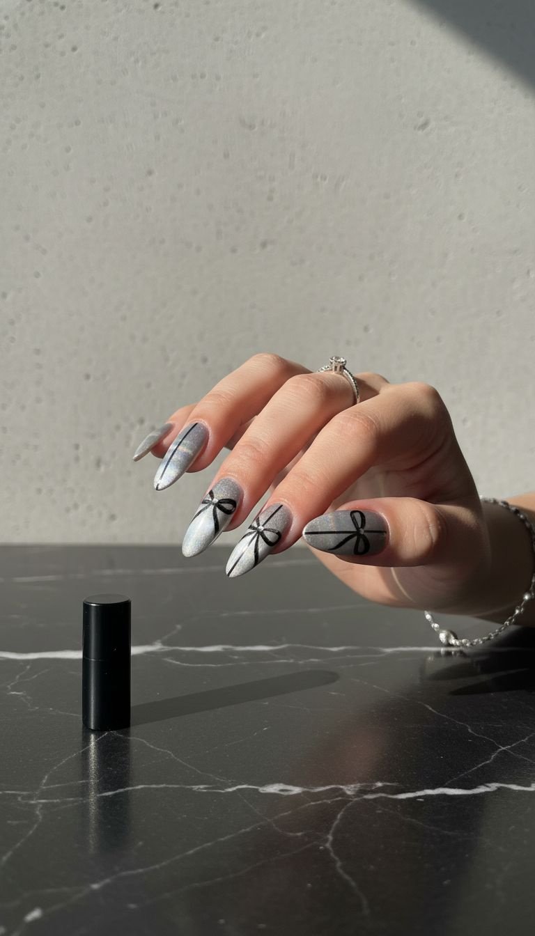 Elegant black/white bow outline on shimmering silvery-gray cat eye gel nails, dramatic light, marble counter, silver jewelry.