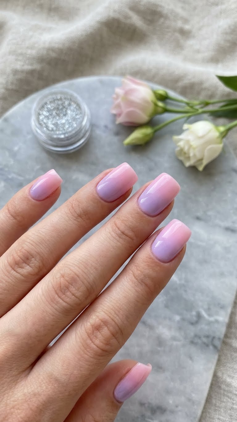 Elegant blooming gel ombre Valentine nails: pastel pink & lavender gradient on square-shaped nail. Serene gel manicure with glitter.