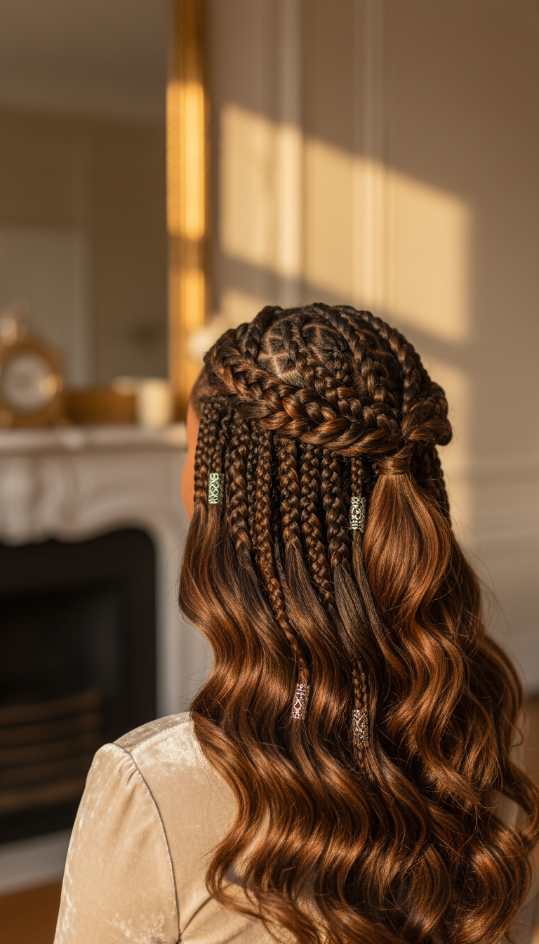Elegant bohemian goddess braids, half-up half-down, with cascading wavy human hair and silver jewels in warm golden light.