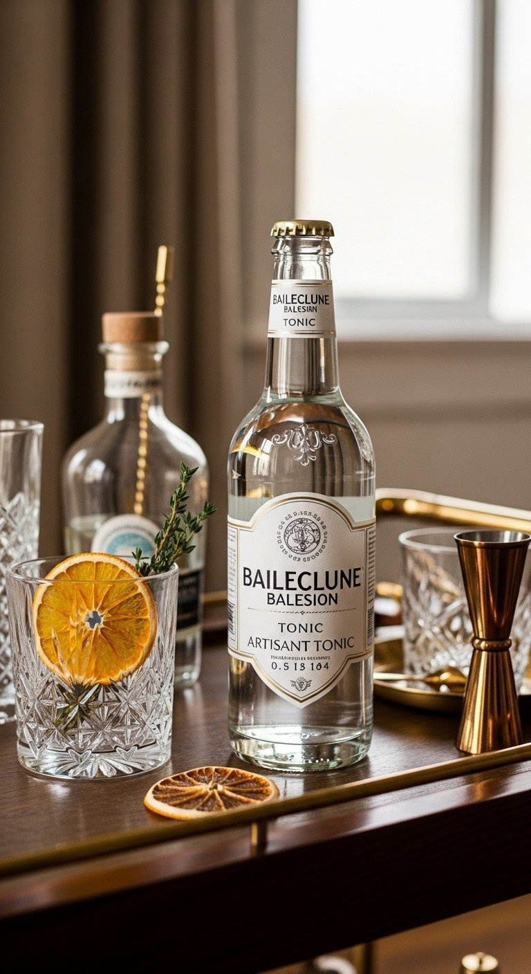 Elegant bottle of artisanal tonic on a wood bar cart with a cocktail glass, dehydrated orange slice, and brass jigger.
