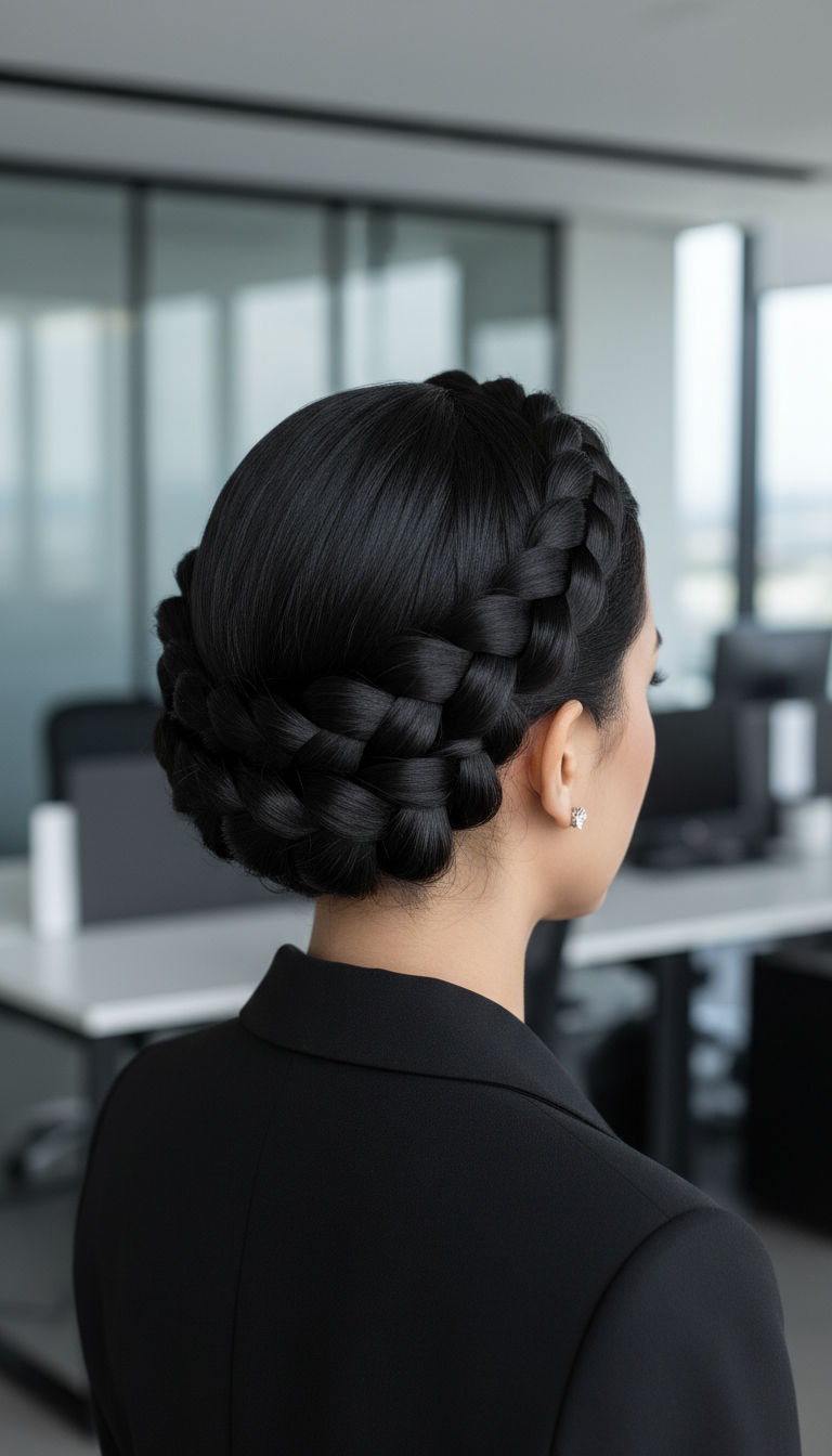 Elegant braided crown updo, large and sophisticated, featuring sleek edges and a polished finish for a professional look.