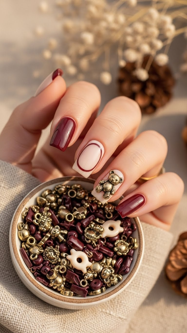 Elegant burgundy and cream square nails featuring a vintage gold metallic teddy bear charm, chic and sophisticated nail art.