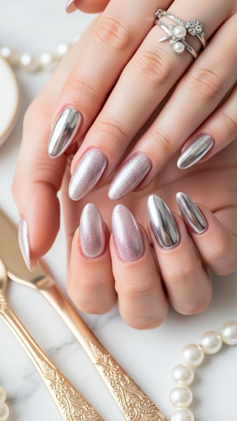 Elegant chrome aura nails on mid-length oval nails, with holographic pink/silver shimmer, pearls, and utensils. Sophisticated style.