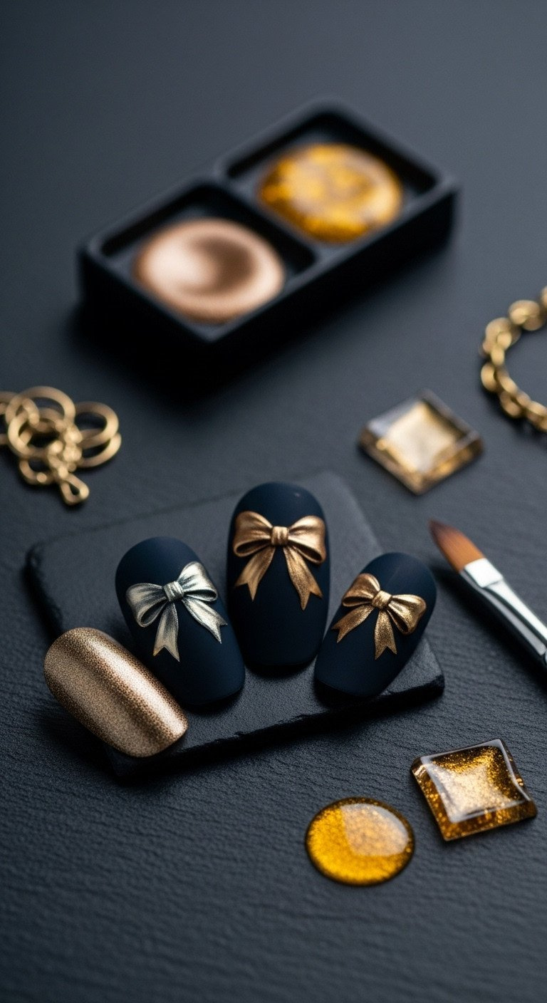 Elegant dark base manicure with a hand-painted two-tone gold bow, showcasing sculpted dimension and subtle highlighting. Dramatic metallic nails.