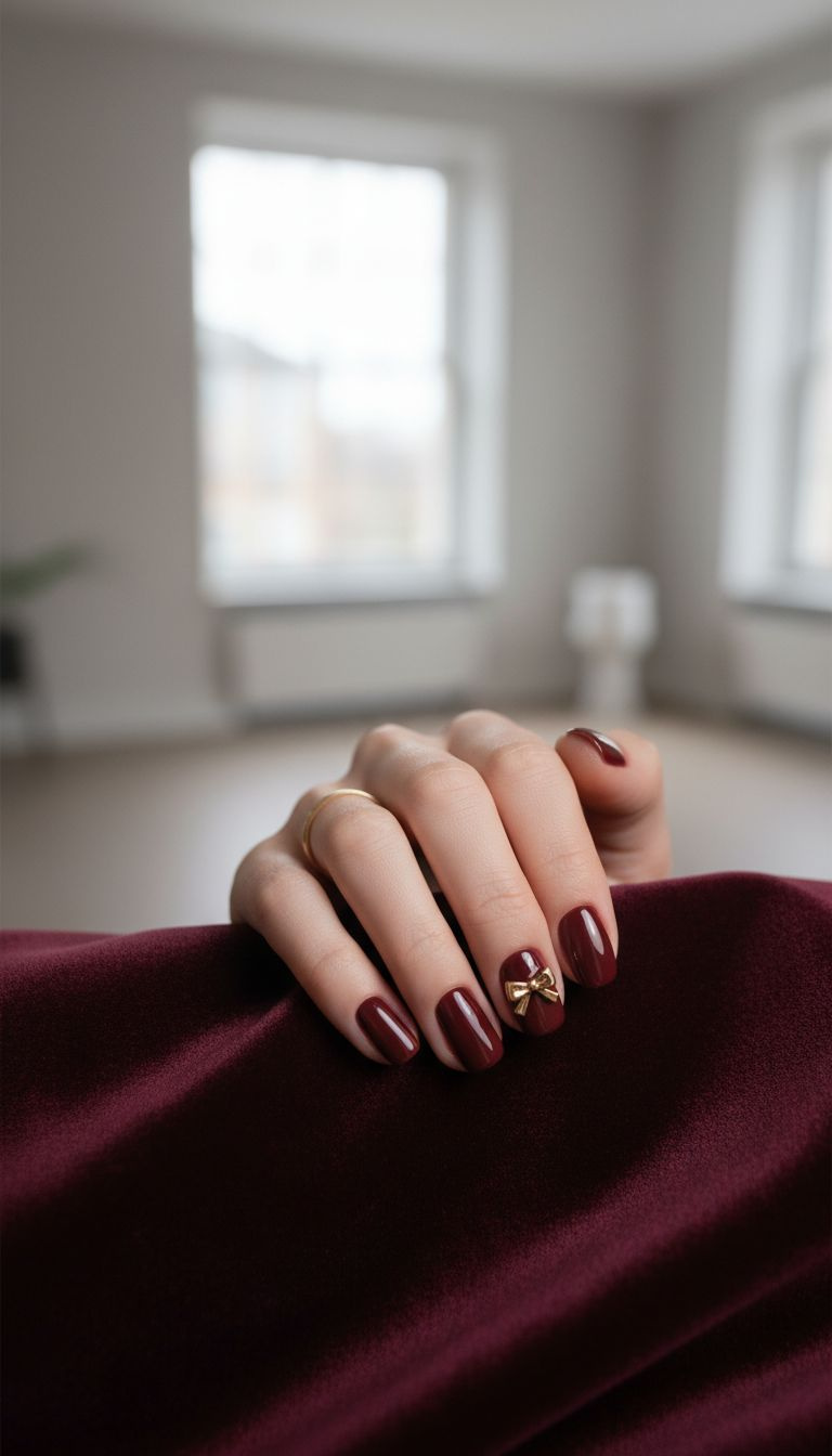 Elegant dark red manicure showcasing burgundy nail polish shades and a bow accent on the ring finger, against plush velvet.