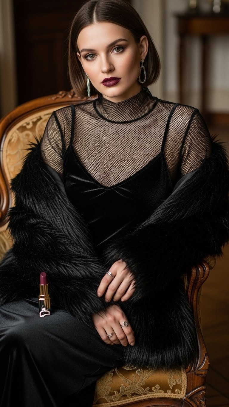 Elegant edgy winter outfit with velvet slip dress, mesh turtleneck, plush black faux fur coat, plum lipstick, silver rings.