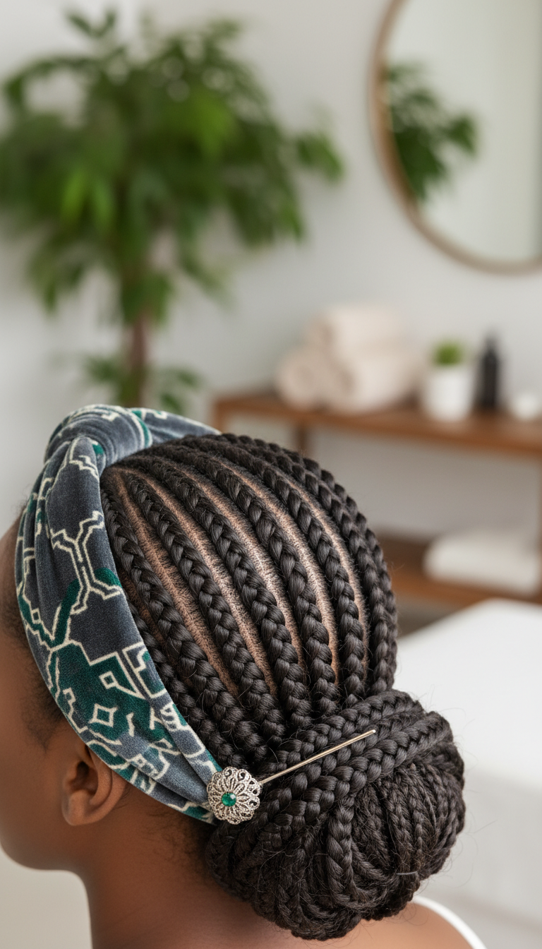 Elegant feed-in cornrows in a low bun updo, framed by a patterned velvet headband. Bright daylight, blurred spa background.
