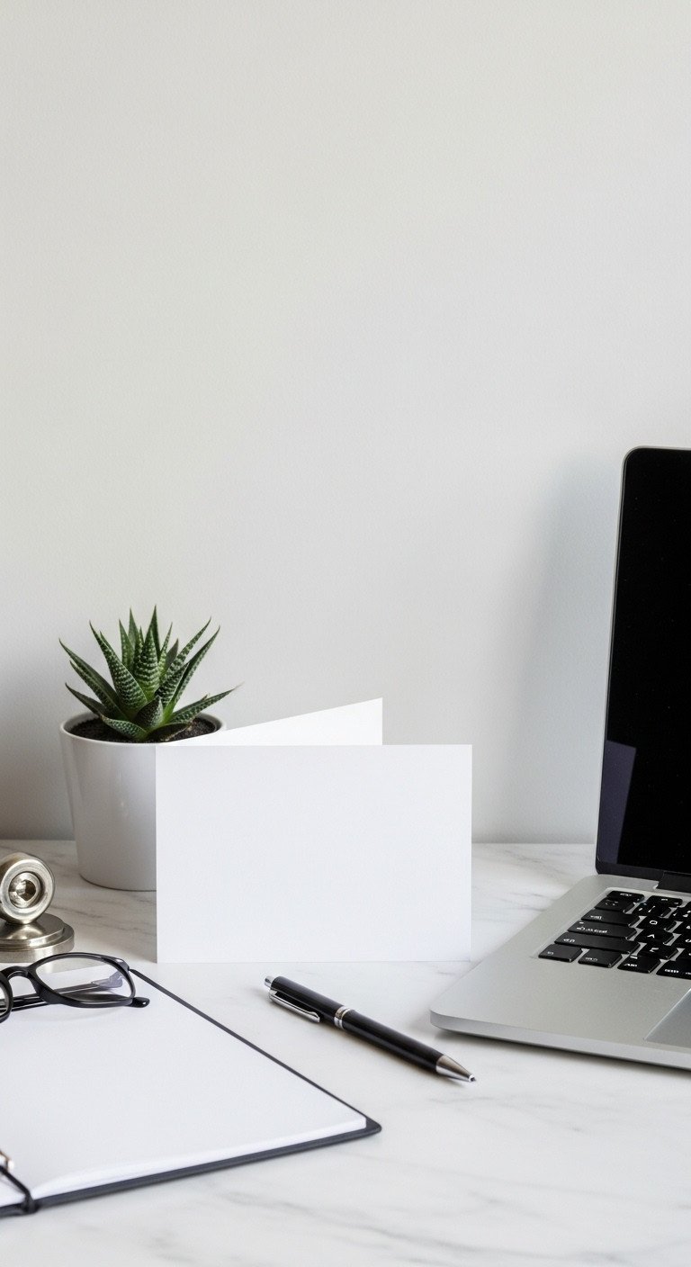 Elegant flat lay of a holiday card, laptop, pen, and succulent plant on a modern white marble desktop scene.