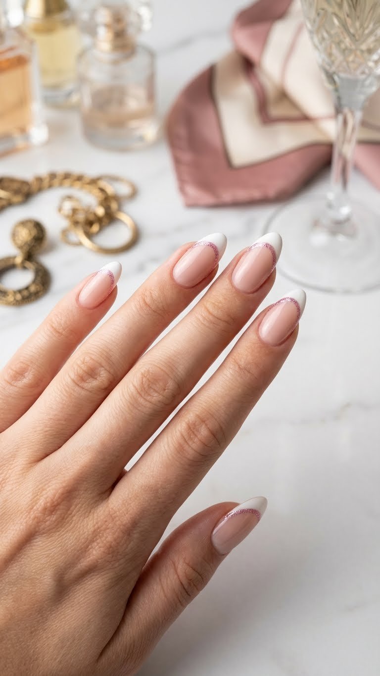 Elegant french tip gel nails with shimmering pink glitter line, almond shape, styled on marble with jewelry.