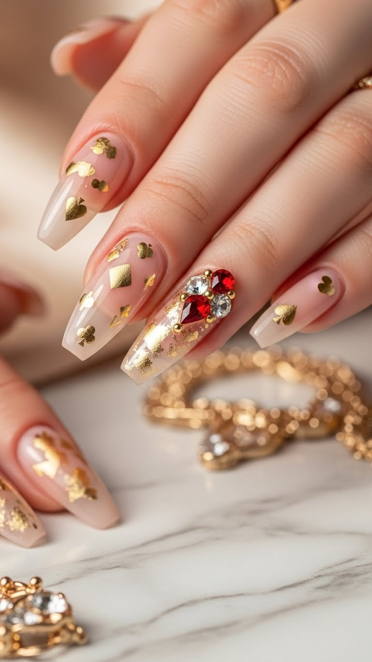 Elegant gold detail & crystal nail art, almond nails. Blush pink, gold foil, red & clear Swarovski crystals. Luxurious style.