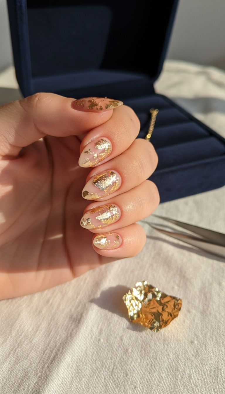 Elegant gold leaf flake nail art with iridescent foil on sheer neutral pink, with a luxury velvet box.