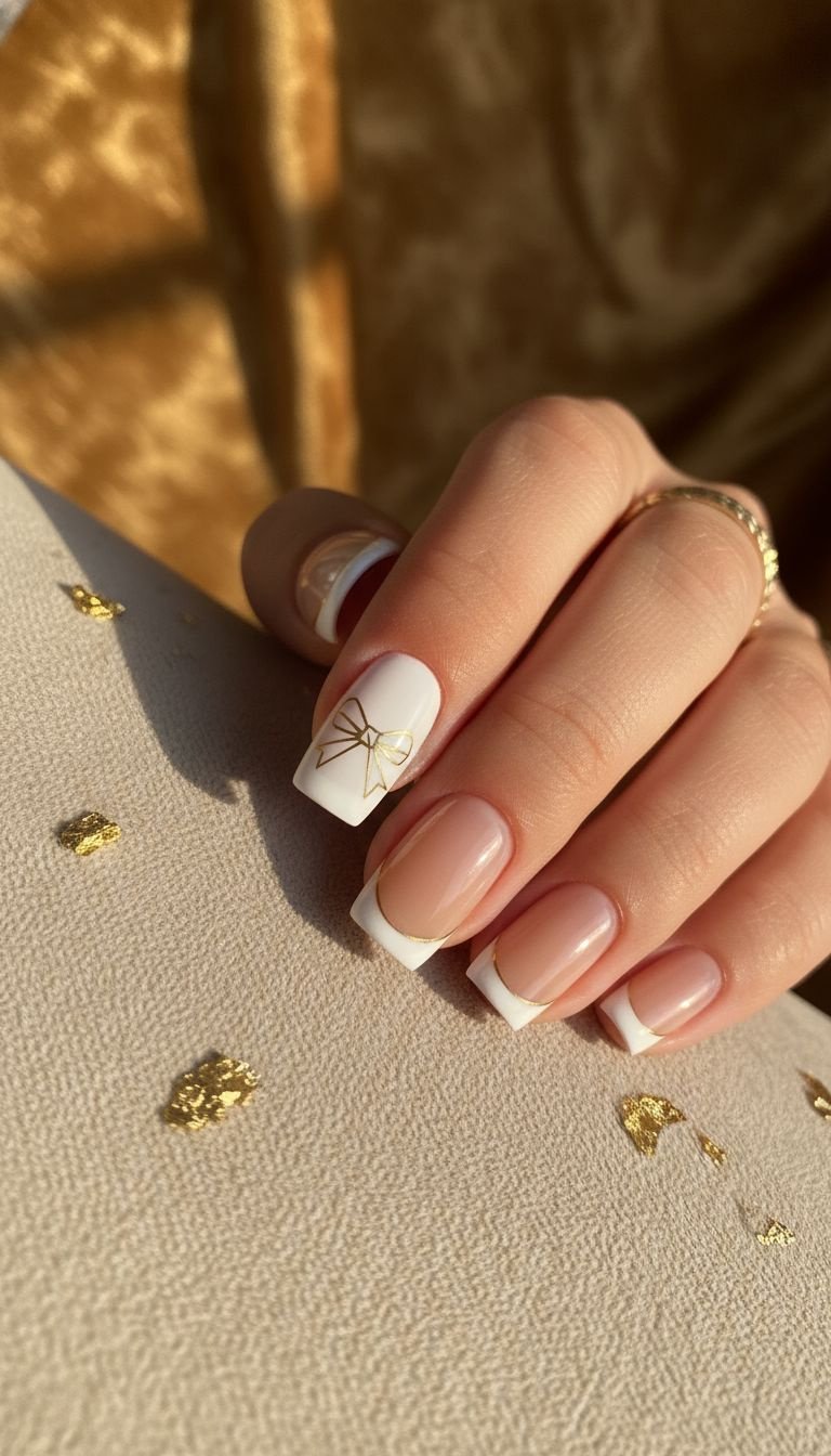 Elegant gold outline bow on classic white French manicure, medium square nail, warm golden hour light, gold ring.