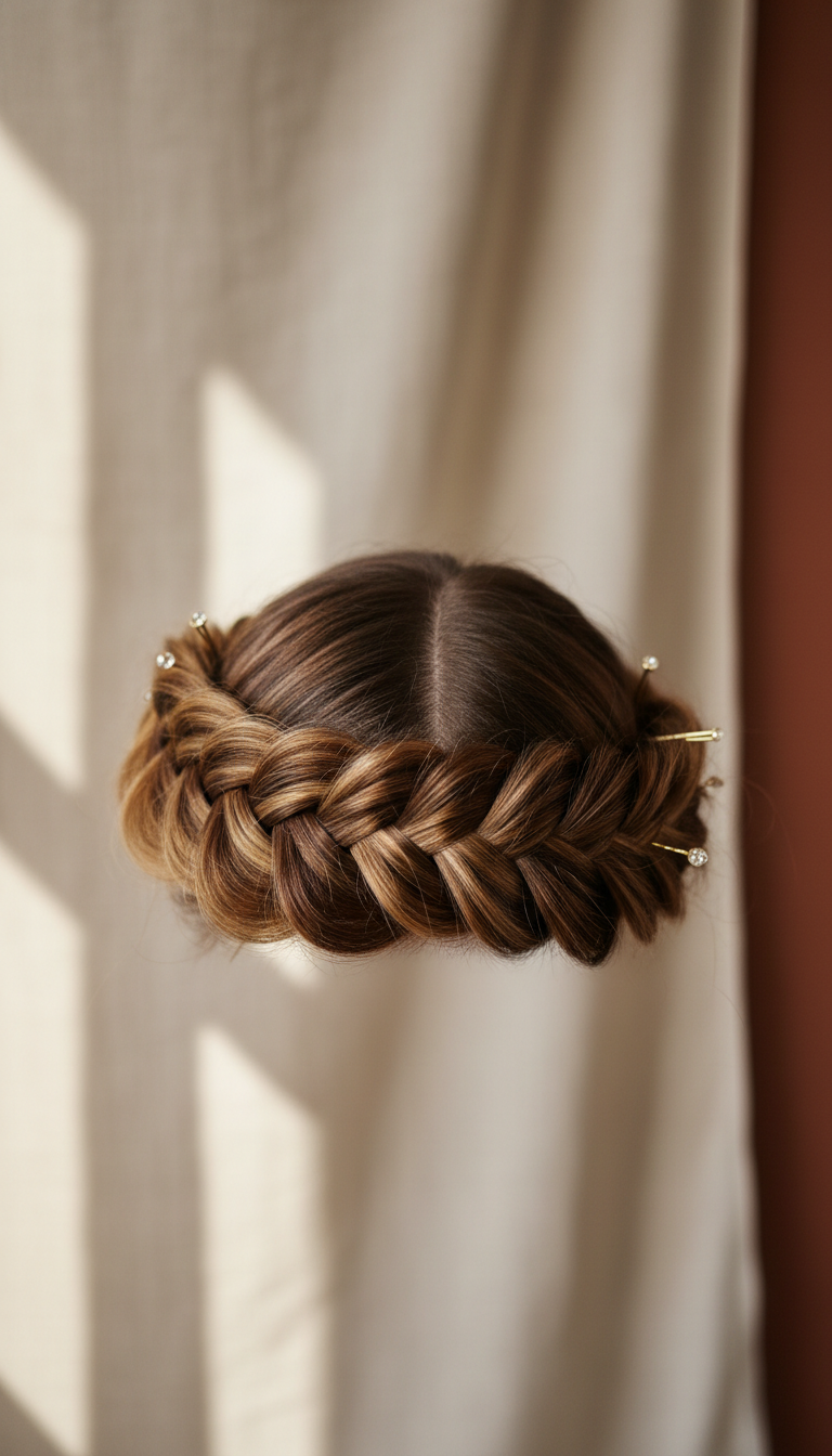 Elegant halo crown braid wrapped around head, polished and sophisticated. Soft window light, subtle linen backdrop, natural hair.