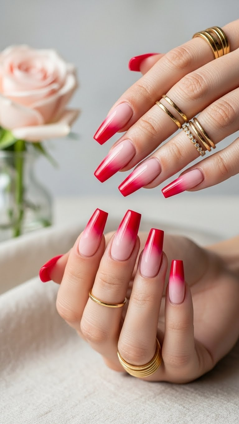 Elegant hand with Red and Pink Ombre Coffin Nails, showcasing a vibrant gradient from red tips to pink base, with gold stacking rings. Perfect Valentine's nail art.