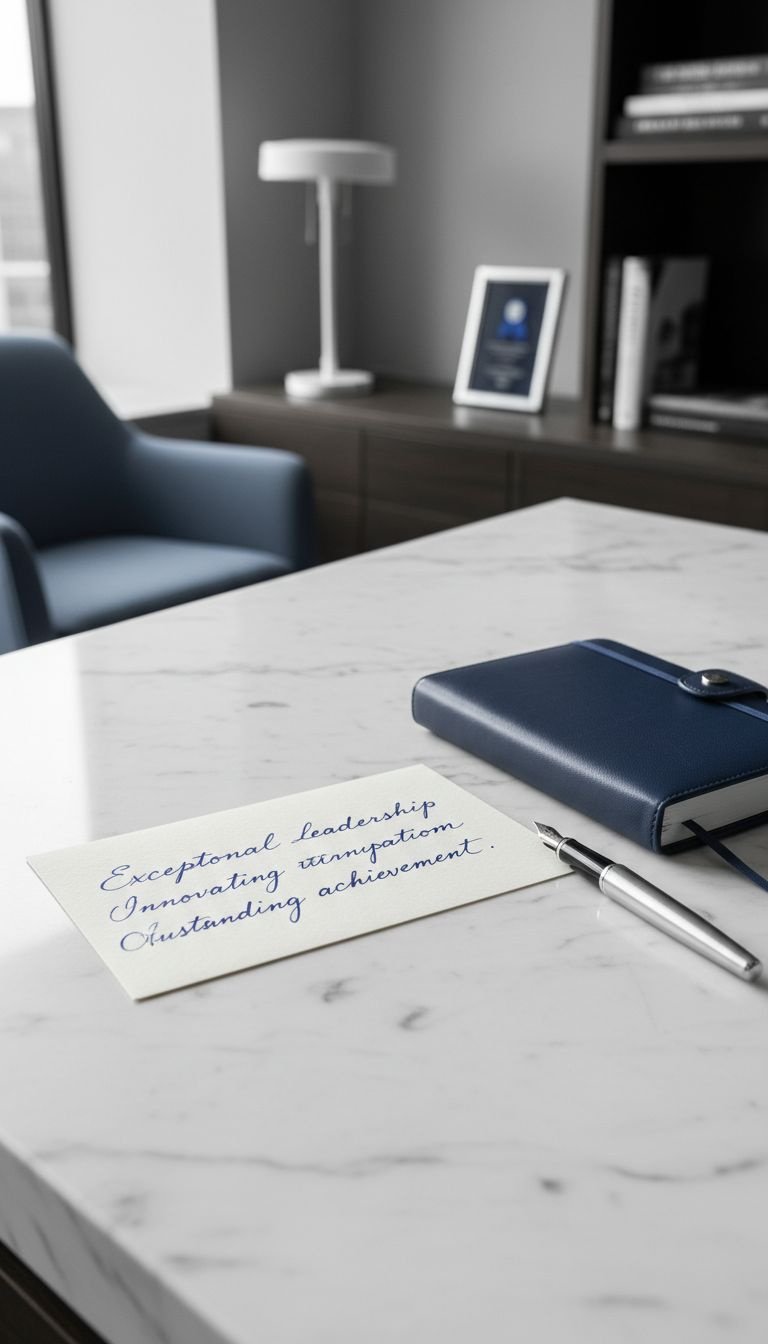 Elegant handwritten recognition card and a leather planner with a pen on a marble desk in an executive office setting.